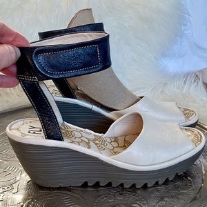 FLY London Yula wedge, ankle strap sandals. Size 38